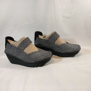 bernie mev. Black and Gray Woven Mules